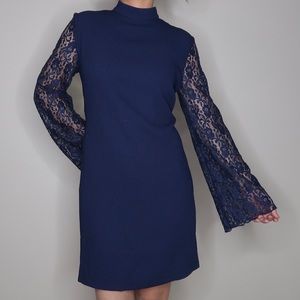 Boohoo Lace Long Sleeve Navy High Neck Shift Dress